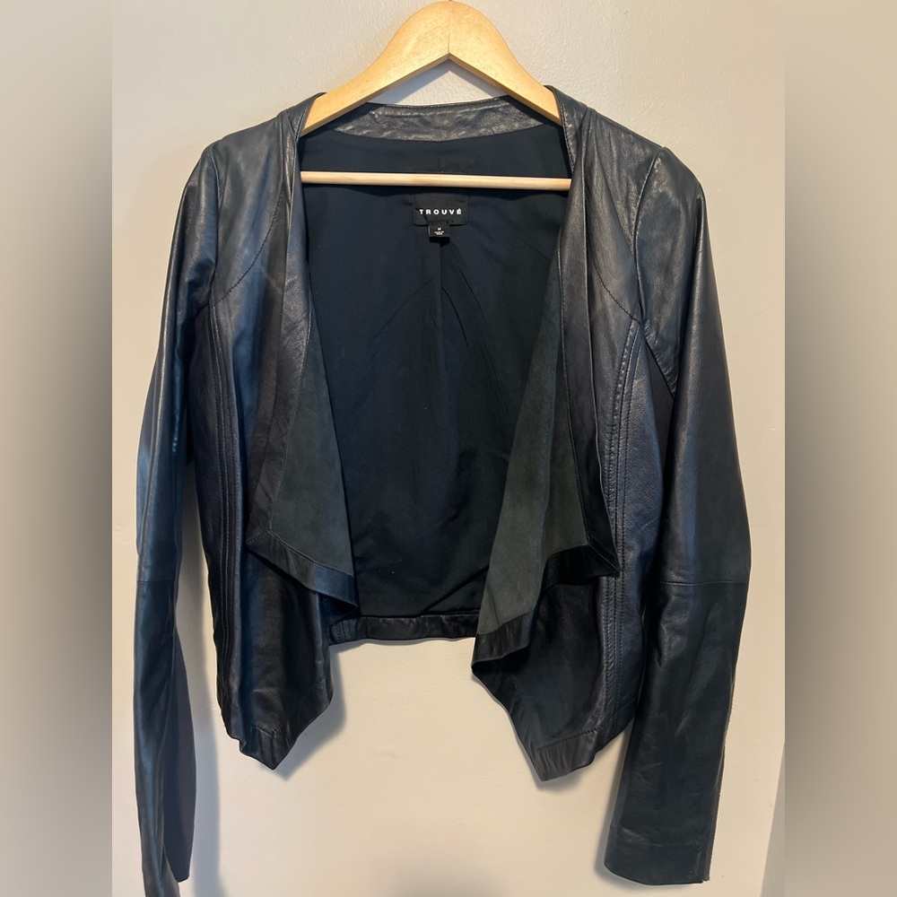 Trouve Black Smooth Leather Open-Front Jacket Blazer Draped